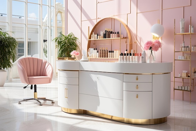 interior de salón de belleza en colores rosas con muebles blancos