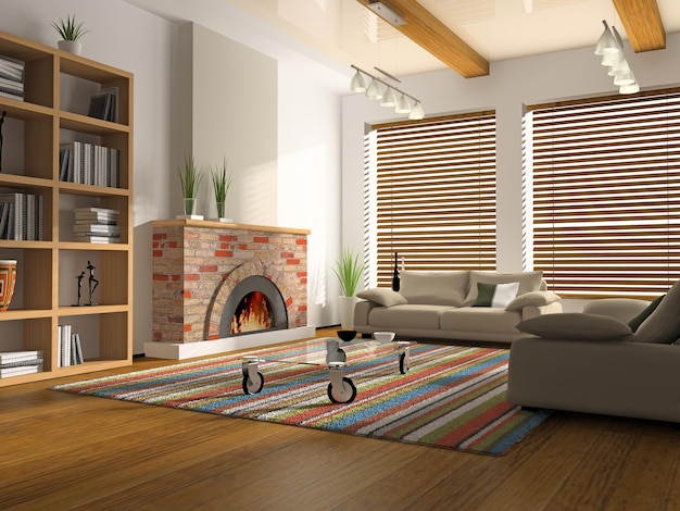 interior, de, salón, con, chimenea, 3d, interpretación