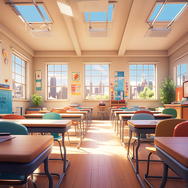 el interior de un salón de clases en una escuela al estilo de pixar