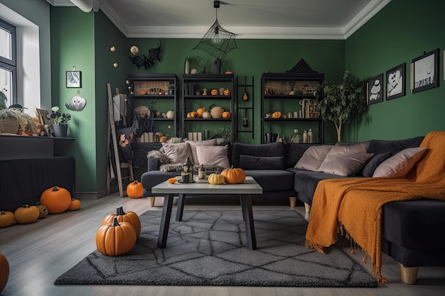 Interior de salón decorado para Halloween con escalera de sofá verde y calabazas