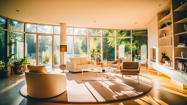 Interior de salón de lujo moderno con muebles por la noche con rayos de sol