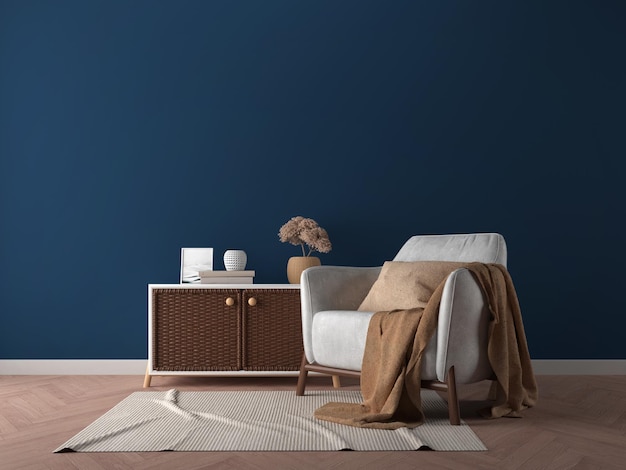 Interior de salón con mesa de sillón y fondo de pared azul oscuro