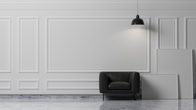 Interior de salón minimalista en blanco y negro con sillón de cuero negro sobre paneles de pared blancos