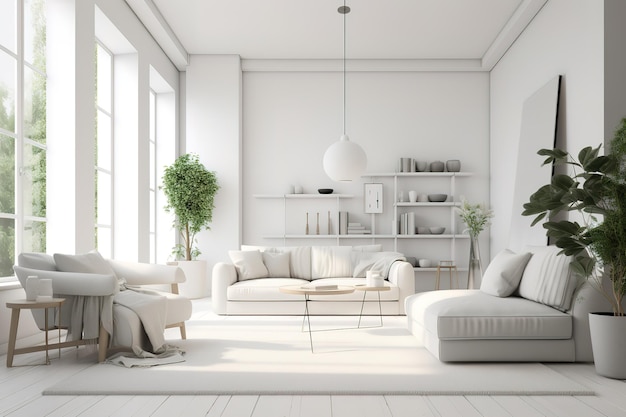 Interior de salón minimalista blanco con sofá en una decoración de suelo de madera en una gran IA generativa