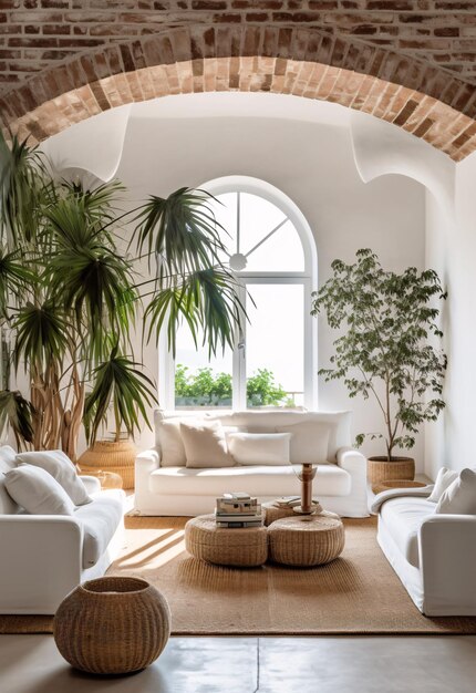 Interior de salón minimalista ecológico con plantas tropicales en maceta