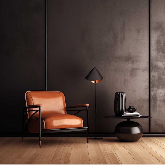 Interior de salón moderno con paredes negras, suelo de madera, sillón naranja y lámpara negra