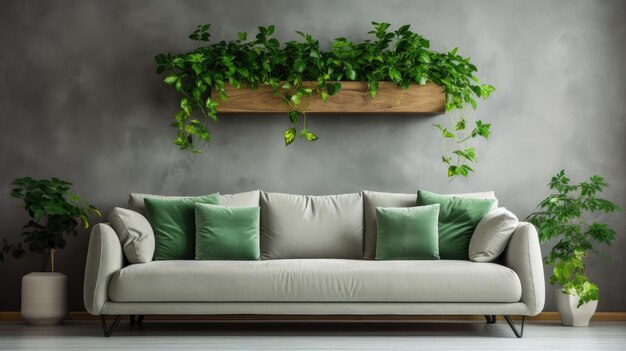Interior de salón moderno con sofá y adorno de hoja verde y diseño minimalista