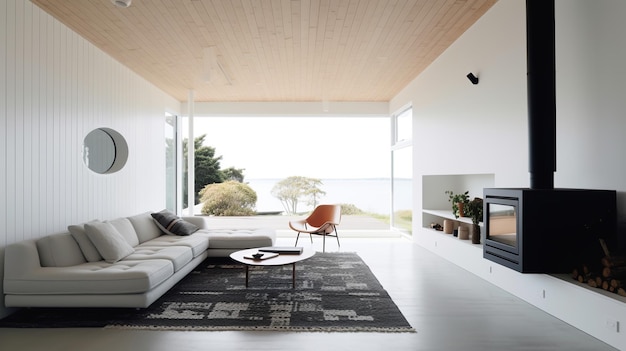 Interior de salón moderno con sofá con vistas al mar y mesa de centro