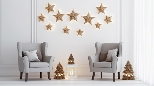 Interior de salón navideño con sillón de terciopelo, almohada, estrellas y linternas en una pared blanca