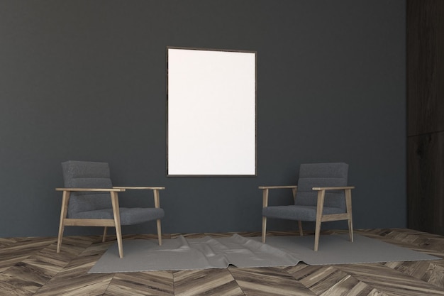 Interior de salón de pared gris oscuro con suelo de madera y dos sillones de terciopelo gris sobre una alfombra con un póster vertical enmarcado entre ellos. maqueta de renderizado 3d