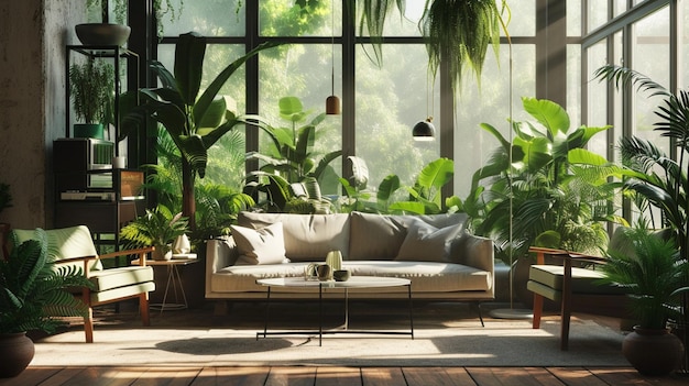 Interior del salón con plantas de invernadero y sofás AI Generative