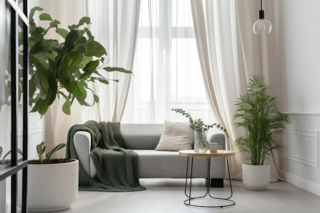 Interior de salón con plantas y sofá cerca de mesa de madera.