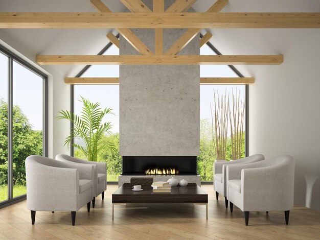 Interior de salón con sillones y chimenea 3D renderi