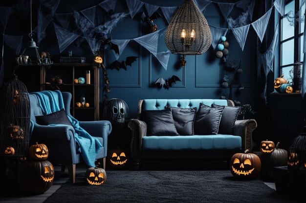 Interior de salón en tonos azules con decoraciones de Halloween Fondo para Halloween