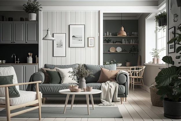 Interior Scandi com linhas limpas de estilo minimalista e cores suaves