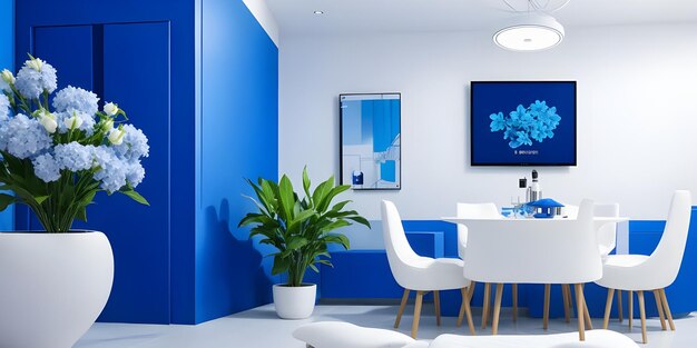 Interior de seguridad cibernética de casa inteligente con nueva tecnología distemper área de vida de color azul y blanco