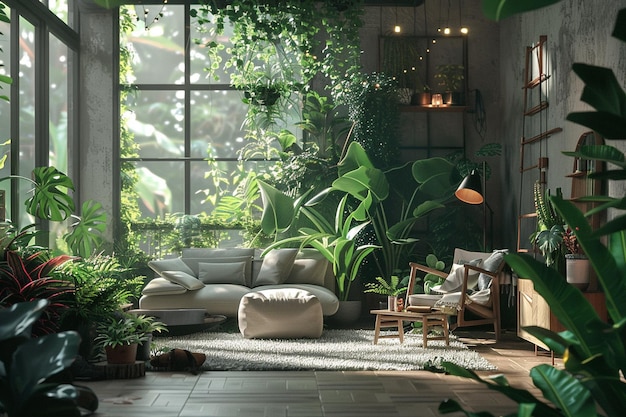 Interior de la selva urbana con muchas plantas de interior o