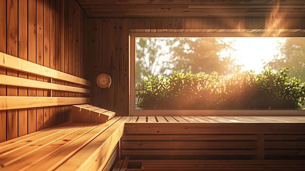 El interior sereno de la sauna de madera disfrutando de la luz natural