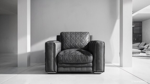 El interior con un sillón de cuero en un fondo blanco vacío de la pared3d rendering