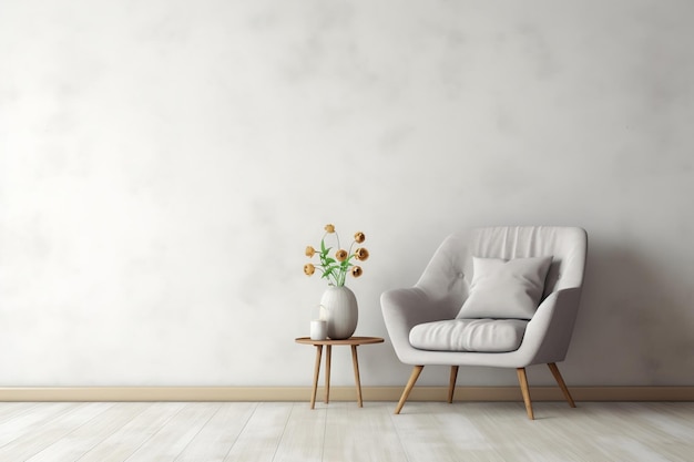 El interior con un sillón gris contra una pared blanca vacía Ai generativo