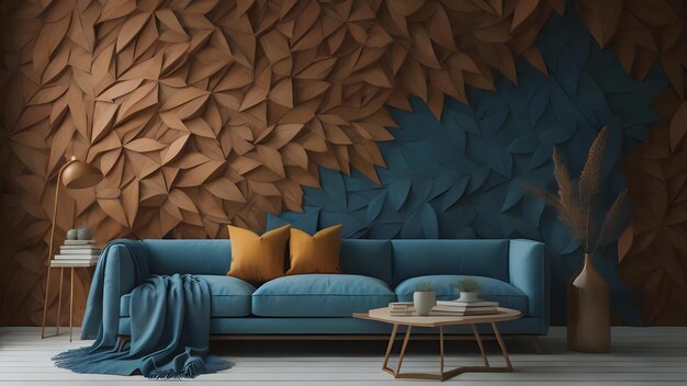 Interior con sofá azul mesa de café y pared de madera generativa ai