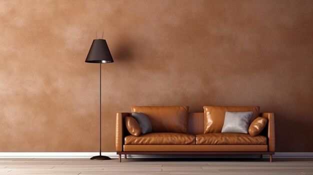 Interior con sofá de cuero marrón pared vacía y lámpara de piso pared de la sala de estar