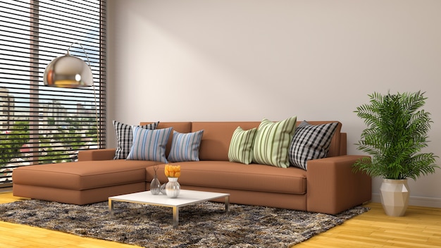 Interior con sofá marrón.