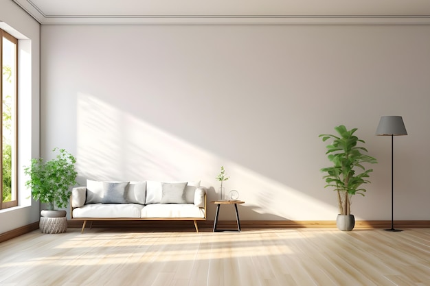 Foto interior con sofá y planta 3d render ilustración maqueta