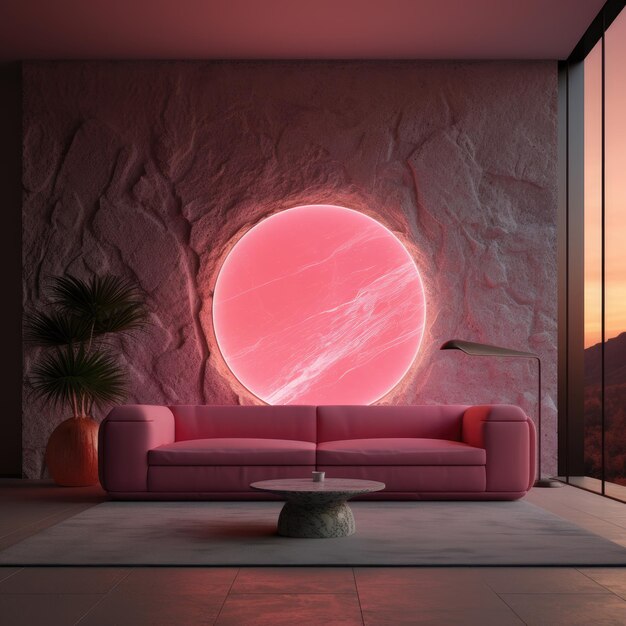 Foto interior con sofá rosa pared de piedra con luz redonda y decoración ai generado