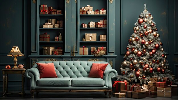 Interior de un sofisticado salón decorado con árboles de Navidad y regalos navideños.