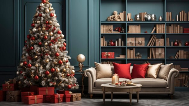 Interior de un sofisticado salón decorado con árboles de Navidad y regalos navideños.