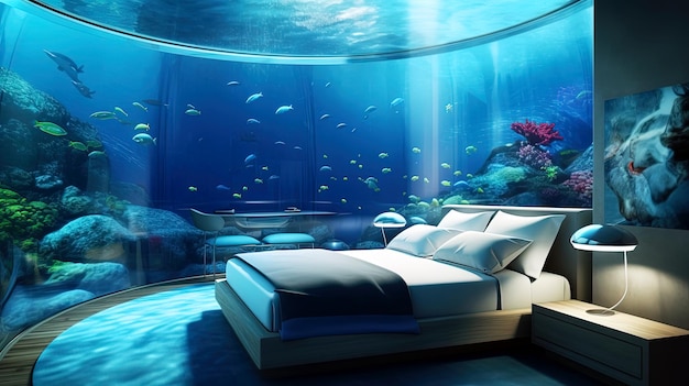 Interior subaquático futurista do quarto do hotel gerado ai