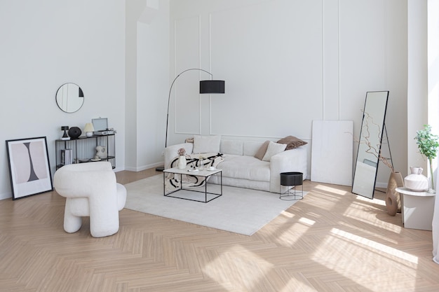 Interior super branco simples limpo e elegante com móveis modernos em cor nude e design de luxo de elementos pretos contrastantes de uma grande sala de estar brilhante