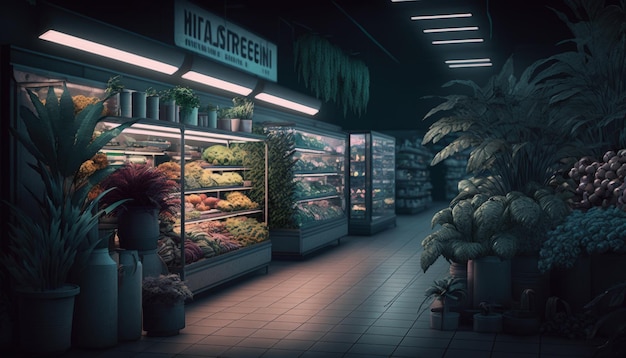Interior de un supermercado abandonado en un mundo destruido después de un apocalipsis ilustración realista AI