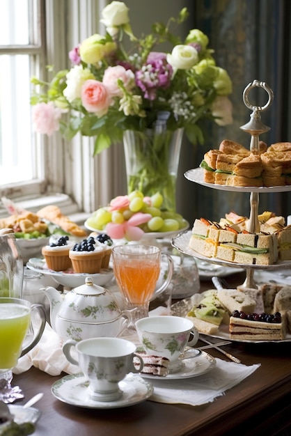 Interior de té de las cinco en punto con pasteles y flores Ai generativo