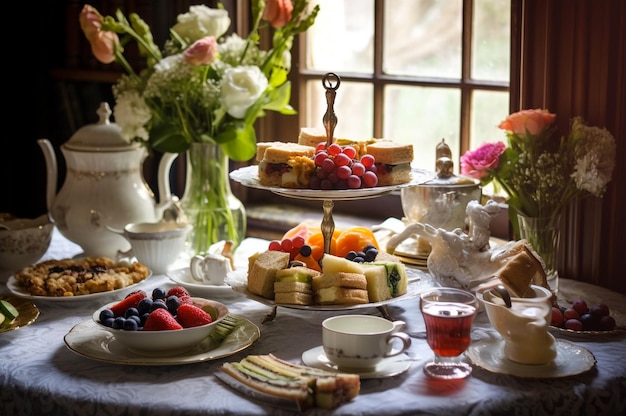 Interior de té de las cinco en punto con pasteles y flores Ai generativo