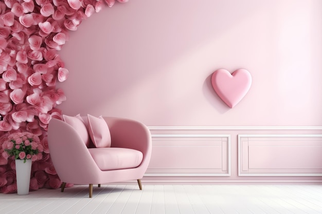 Interior temático del Día de San Valentín rosado con decoraciones de corazones y sillón