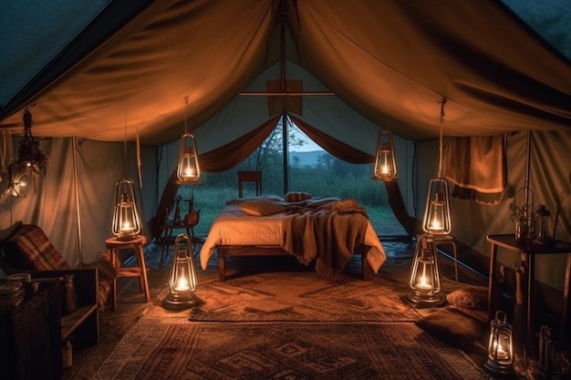 Interior de la tienda de campamento con velas encendidas por la noche dormitorio en la niebla