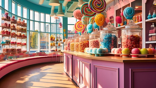 El interior de la tienda de dulces caprichosa exhibe arco iris con tiradas de caramelo mezclas dulces suaves con altos niveles de azúcar lejanos