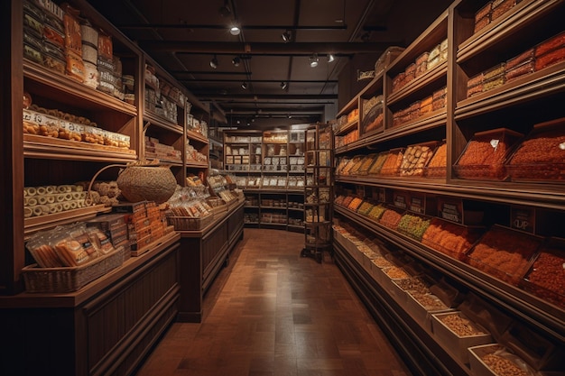 El interior de una tienda con un estante lleno de bolsas de pan y otros productos