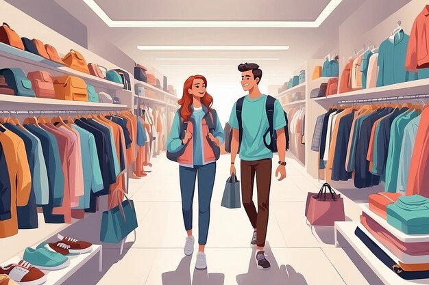 Foto interior de la tienda la gente va de compras ilustración vectorial los clientes de la boutique hacen compras en la tienda de ropa