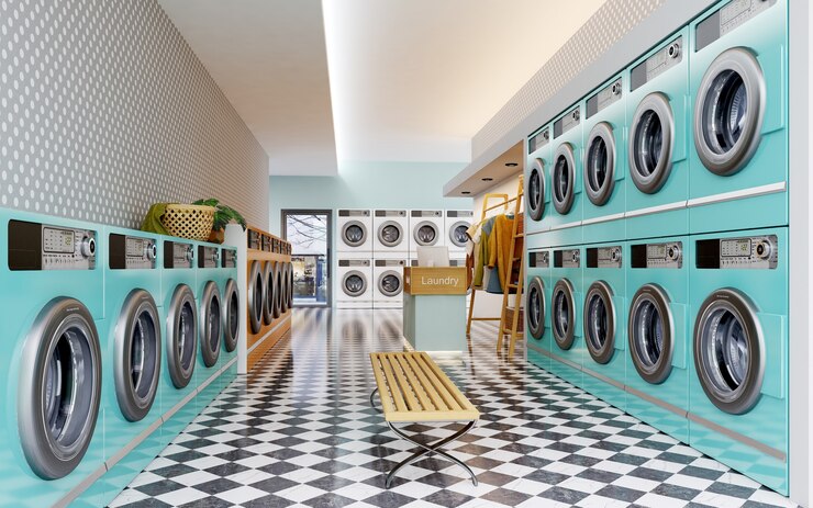 Interior de la tienda de lavandería con mostrador y lavadoras