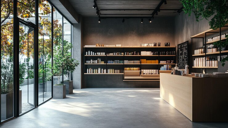 Interior de una tienda moderna de cuidado de la piel con luz natural y diseño minimalista
