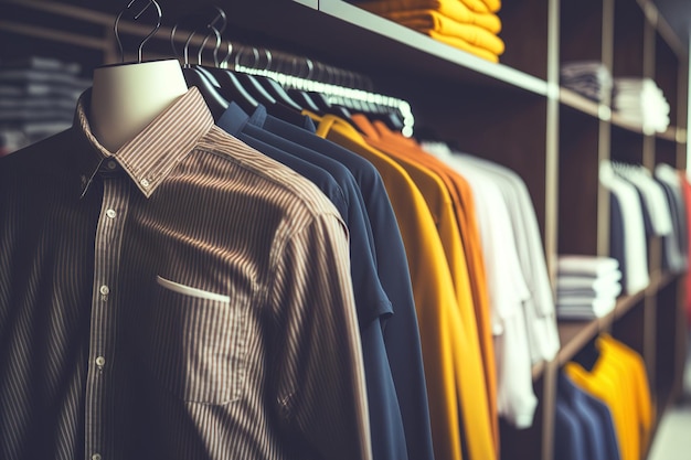 Interior de una tienda de ropa Estante de la tienda Camisas estándar Vista desde el papel tapiz del pasillo del centro comercial de un supermercado Copyspace Industria de estilo de vida informal horizontal