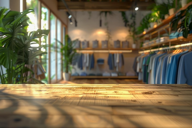 Interior de una tienda de ropa moderna y ecológica con estantes de madera, plantas verdes y sostenibles