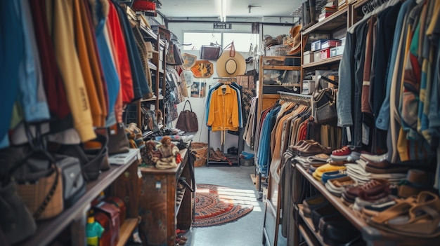 Interior de una tienda de ropa vintage con una variedad de artículos de moda