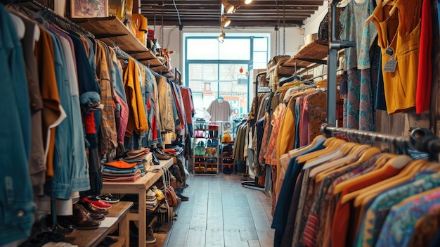 El interior de la tienda de segunda mano de moda con ropa vintage