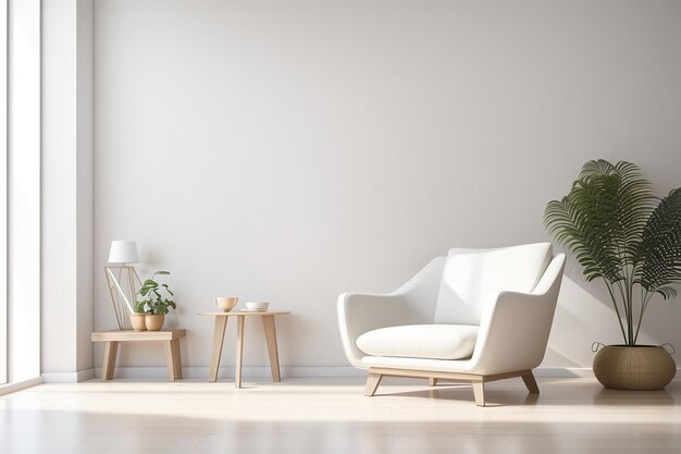 El interior tiene un sillón en una pared blanca vacía fondo 3D renderización