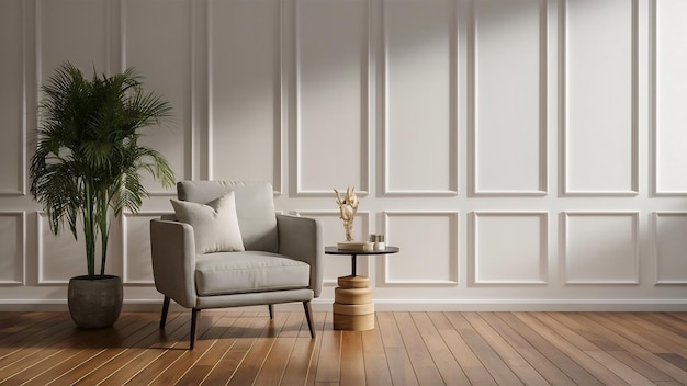 El interior tiene un sillón en una pared blanca vacía fondo3d renderización