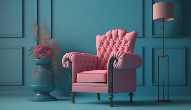 Foto el interior tiene un sillón rosa en la pared azul vacía generative ai